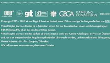 Zu sehen ist der Footer der Homepage des 777 Casinos. Dort befindet sich das Logo des Lizenzgebers, der Gibraltar Gaming Authority. Daneben sind die Kontaktstellen für Spielsuchtprävention aufgelistet, mit denen 777 Casino zusammenarbeitet (Gamcare, Gambling, 888responsible.com).