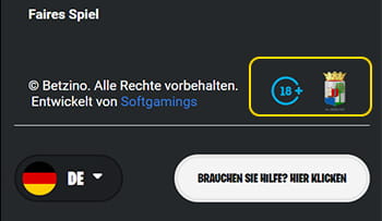 Wichtige Informationen zur Lizenz und Sicherheit im Footer der Casinoseite.