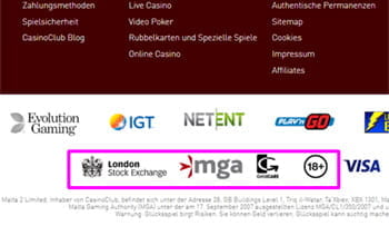 Das Bild zeigt den Footer der Homepage vom CasinoClub. Ich habe für euch die Logos von sicherheitsrelevanten Behörden und Dienstleistern hervorgehoben: von der London Stock Exchange, der Malta Gaming Authority, Gamcare und 18+.