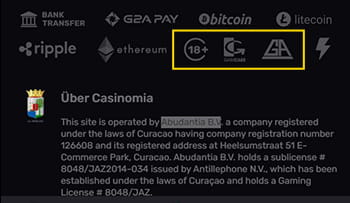 Der Footer von Casinomia mit dem Logo der Lizenz, Gamblersanonymous und weiteren zum Spielerschutz.