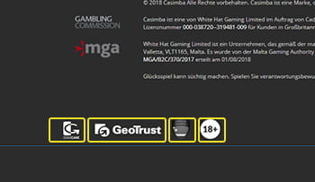 Das Bild zeigt den unteren Teil der Startseite des Casimba Casinos mit Logos von Kontrollbehörden und Organisationen für die Spielerberatung.