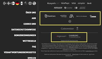 Im Footer findet ihr u.a. die Logos von der Malta Gaming Authority, GamCare, Gamblers Anonymous sowie von Gambling Therapy.