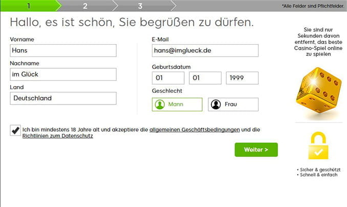 Der erste Schritt bei der Anmeldung in diesem Online Casino ist die Eingabe des Namens und des Geburtstages.