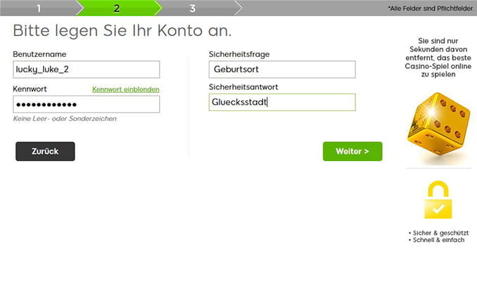 Im zweiten Anmeldeschritt werden der Benutzername sowie das Kennwort und eine Sicherheitsfrage inkl. Antwort festgelegt.