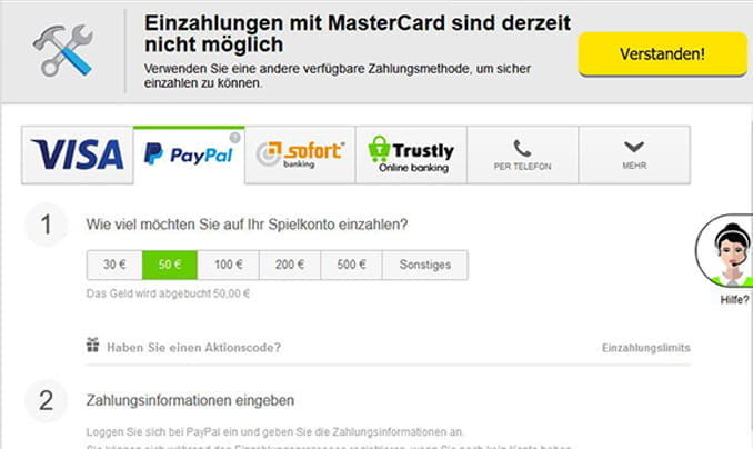Für Einzahlungen kann man in diesem Casino u.a. Visa, sofort oder Trustly nutzen. Auf dem Bild wurde PayPal ausgewählt. Die Höhe der Einzahlung beträgt 50€.