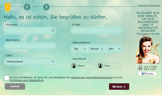 Das Bild zeigt den ersten Schritt der Registrierung. Hier gibt der Nutzer seinen Namen, Land, Geburtsdatum und das Geschlecht an.