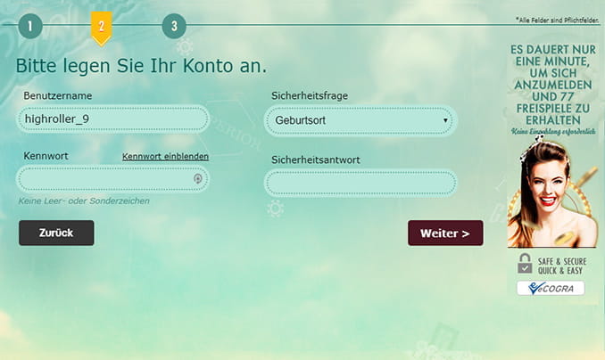 Im zweiten Schritt der Registrierung muss der Nutzer einen Benutzernamen, Kennwort, die Sicherheitsfrage sowie eine Sicherheitsantwort vergeben.