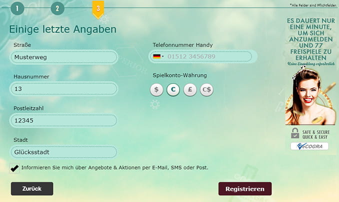 Das Bild zeigt den dritten Schritt der Registrierung. Hier muss die vollständige Adresse, Telefonnummer und die Währung angegeben werden.