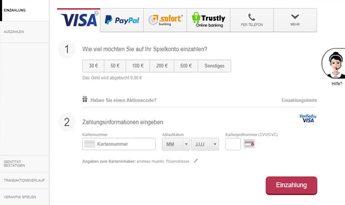 Das Bild zeigt die verschiedenen wählbaren Einzahlungsoptionen wie Kreditkarte, PayPal, Skrill, Trustly oder Neteller sowie das Feld zur Eingabe des Bonus Codes.