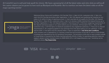 Der Footer der ComeOn Webseite mit Informationen zur Lizenz, den akzeptierten Zahlungsmethoden und Hinweisen zum Jugendschutz.