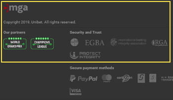 Die Sicherheits- und Lizenzierungsinformationen auf der Unibet Spielautomaten Webseite.