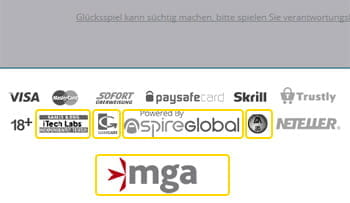 Das Bild zeigt den unteren Teil der mobilen Webseite. Ihr könnt aus diesem relevante Informationen wie Lizenz, technische Überprüfung und Spielsuchtprävention entnehmen.