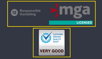 Das Bild zeigt den Footer der Webseite. Sicherheitsrelevante Informationen wie die Logos der Malta Gaming Authority und dem technischen Dienstleister iTechLabs sind hervorgehoben.