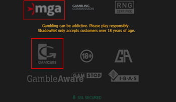 Das Bild zeigt den Footer der ShadowBet Webseite. Unten sind die Regulierungsbehörden Malta Gaming Authority und Deutschland Gambling Commission sowie die ORganisationen GamCare, BeGambleAware und GamblersAnonymous aufgelistet, mit denen ShadowBet zusammenarbeitet.