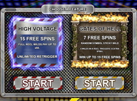 Der Auswahlbildschirm in den Freirunden vom Danger High Voltage Slot.