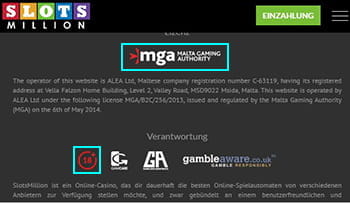 Der Footer der Webseite mit Informationen zur Regulierung und Überprüfung des Anbieters.