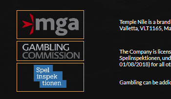 Der Footer der Webseite von Temple Nile mit den Logos der Malta Gaming Authority, der Gambling Commission sowie das 18+ Logo.