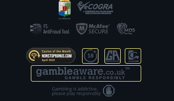 Der mobile Footer des Vulkan Vegas Casinos mit Infos zur Sicherheit und Lizenz.