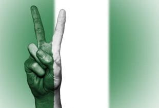 Flagge Nigerias; im Vordergrund Hand mit Peace-Zeichen und grün-weißen Fingern.