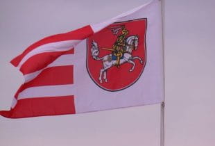 Flagge Schleswig-Holsteins im Wind.